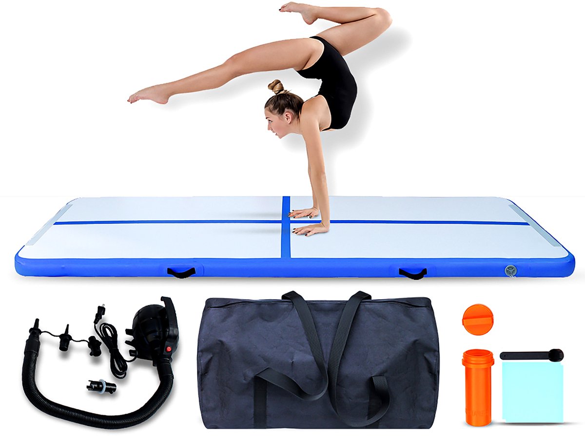 Airtrack 3 meter - Extra Dik (20 cm) - Turnmat - Gymmat - Blauw - Inclusief Elektrische Pomp en Luxe Draagtas - Voor Ouderen en Kinderen - Waterproof