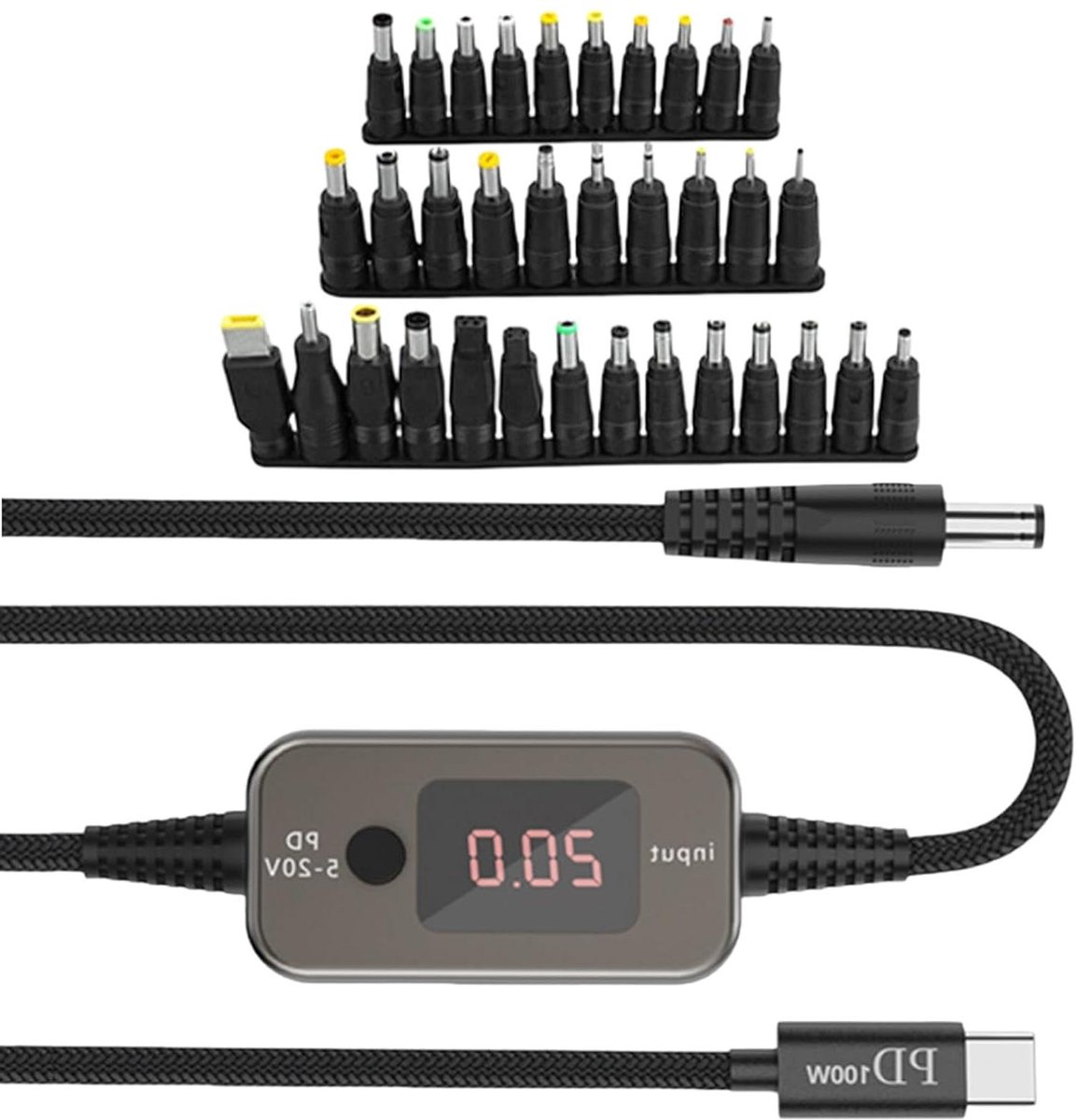 Adapterkabel USB C naar DC - PD Kabel - Apparaten Voeden - 34 Adapters en Voltage Display - 1 Meter