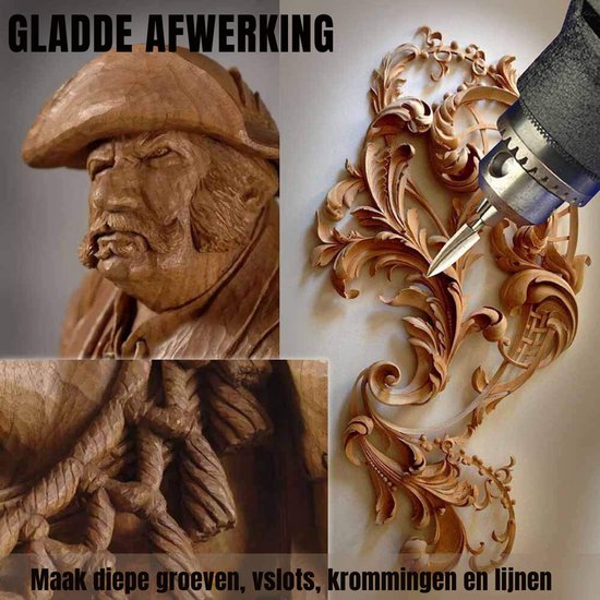 Gedetailleerde houtsnijwerken van een man met hoed, met een graveerbeitel dat groeven maakt. "GLADDE AFWERKING"