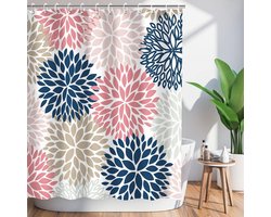 LIVILAN Gebloemd douchegordijn met dahlia’s, set met 12 haken, roze en blauwgrijs, turquoise, mandala, gebloemd badkamer decor, 183 x 183 cm (b x h)