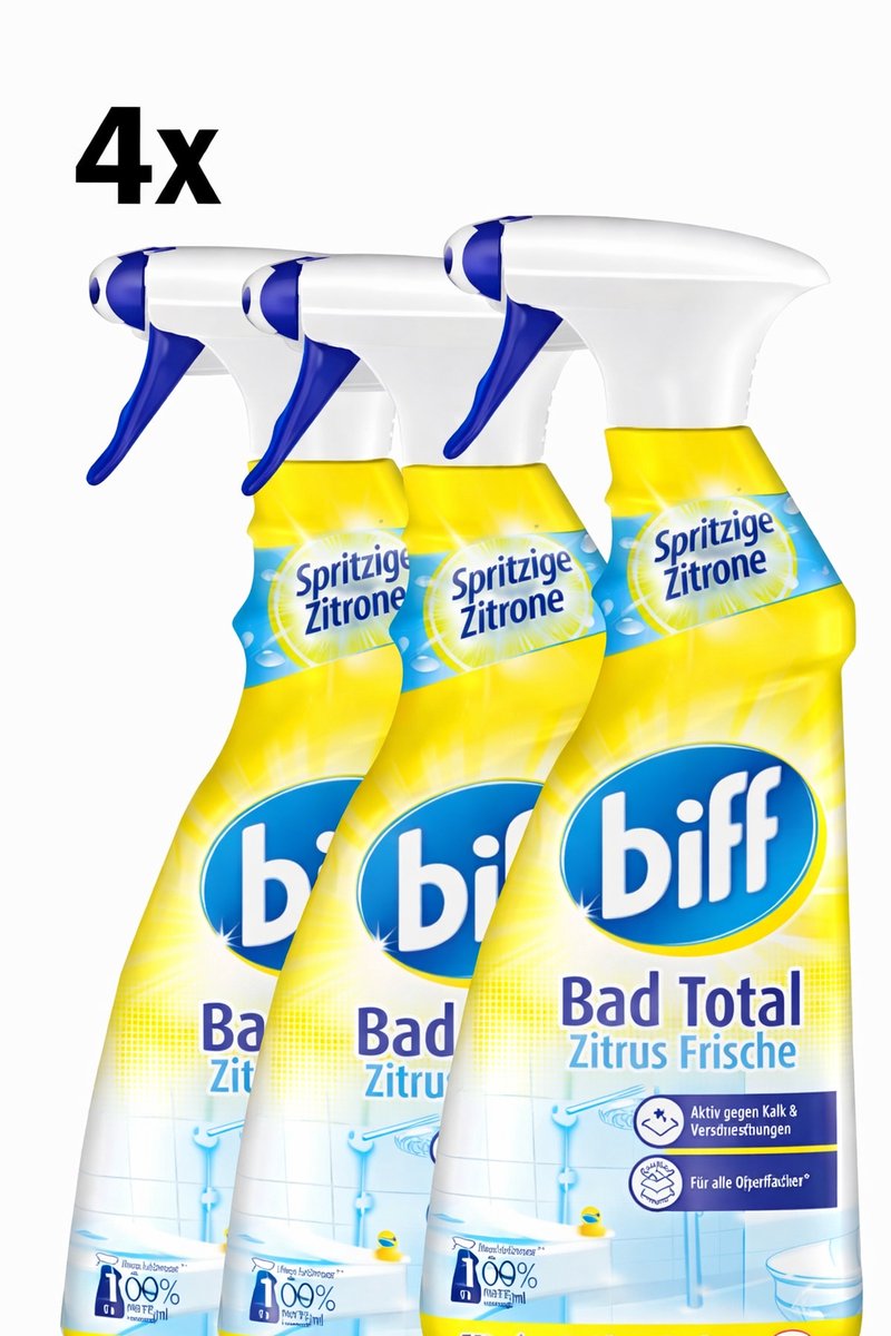 (4x) Biff Badkamerreiniger Totaal - Sparkling Lemon | 4 x 750 ml - Met Schuim- & Sprayfunctie | Extra krachtig tegen kalkaanslag en vuil