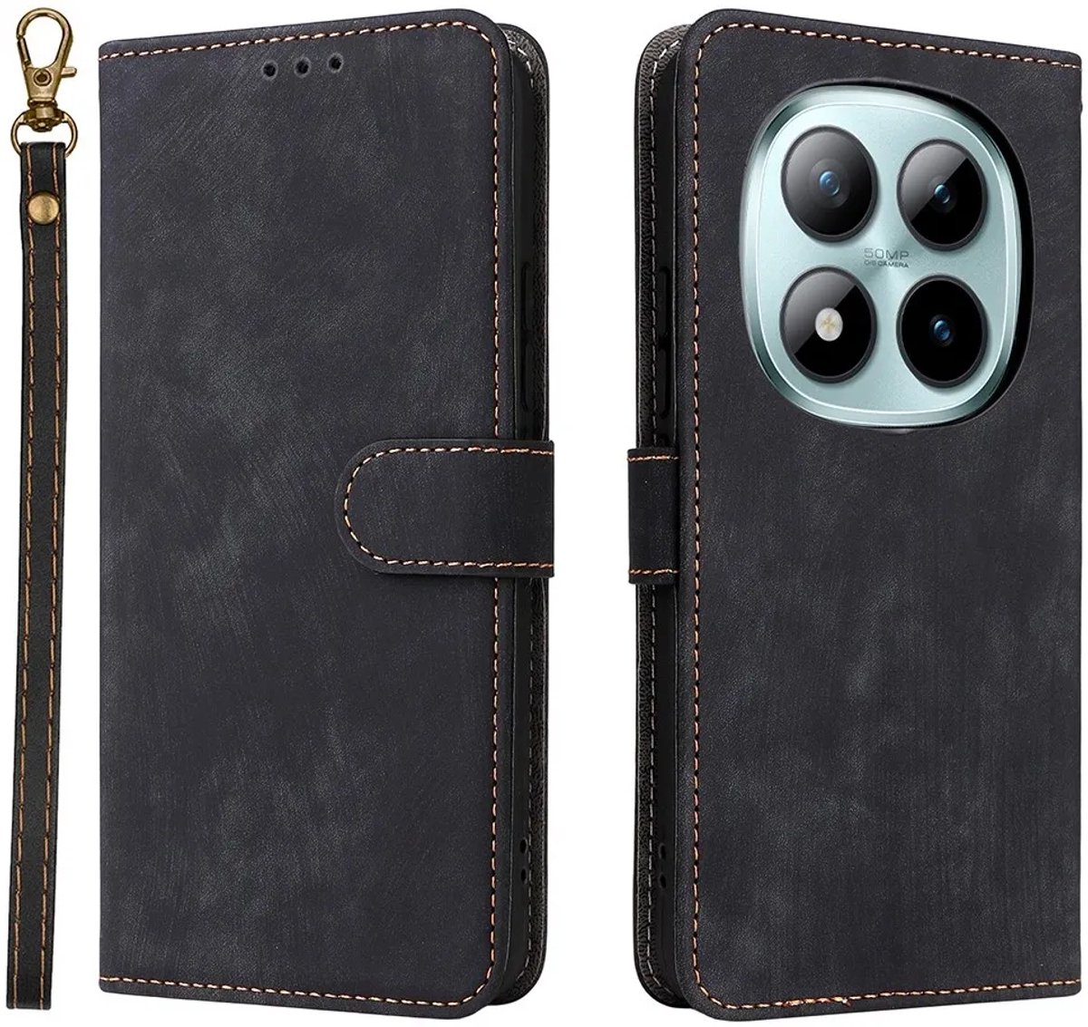 Hoesje geschikt voor Xiaomi Redmi Note 15 Pro 5G - Phonesta Vintage Skin Book Wallet Case met afneembaar koord - Zwart