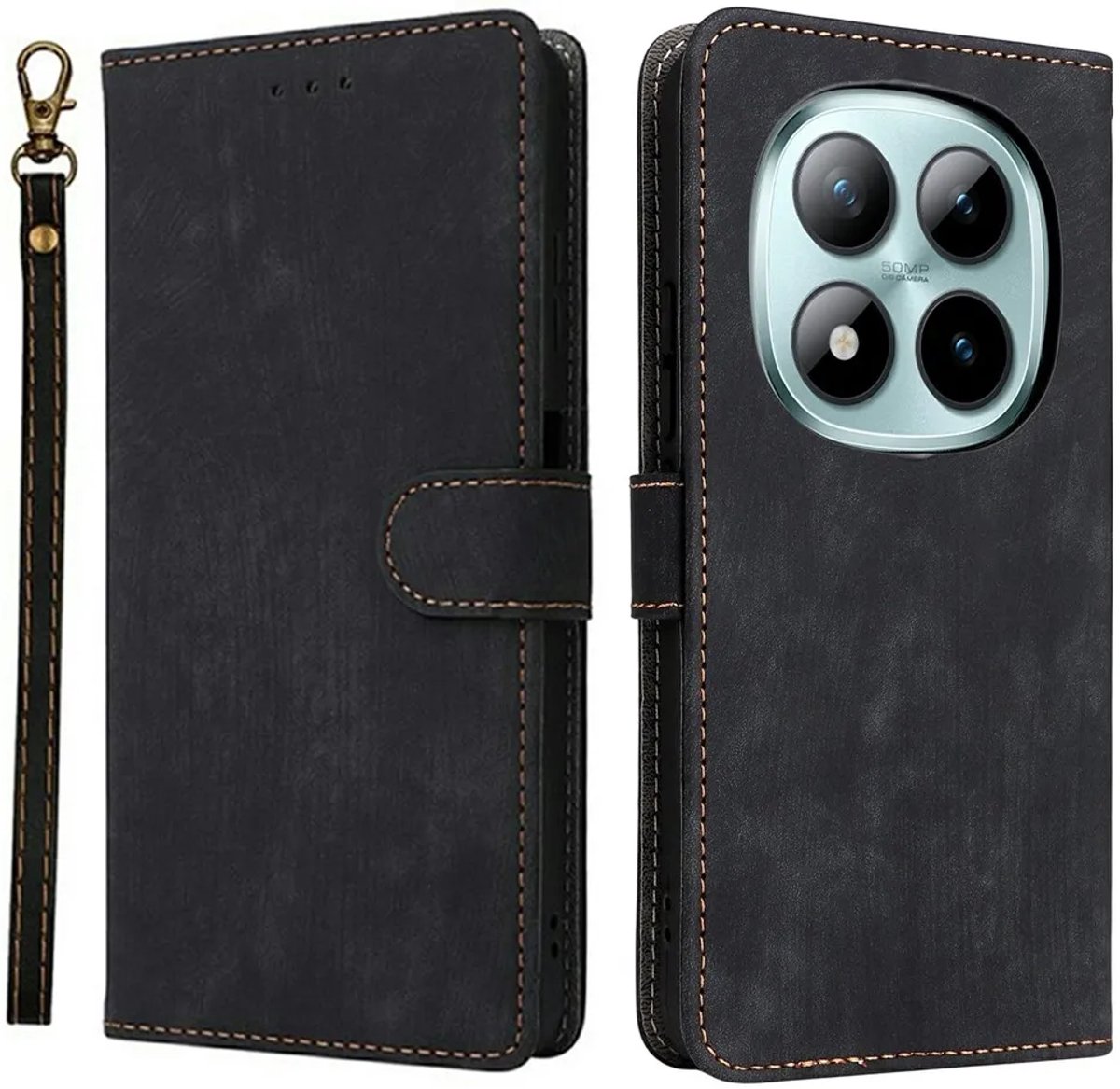 Hoesje geschikt voor Xiaomi Redmi Note 15 Pro 4G - Phonesta Vintage Skin Book Wallet Case met afneembaar koord - Zwart