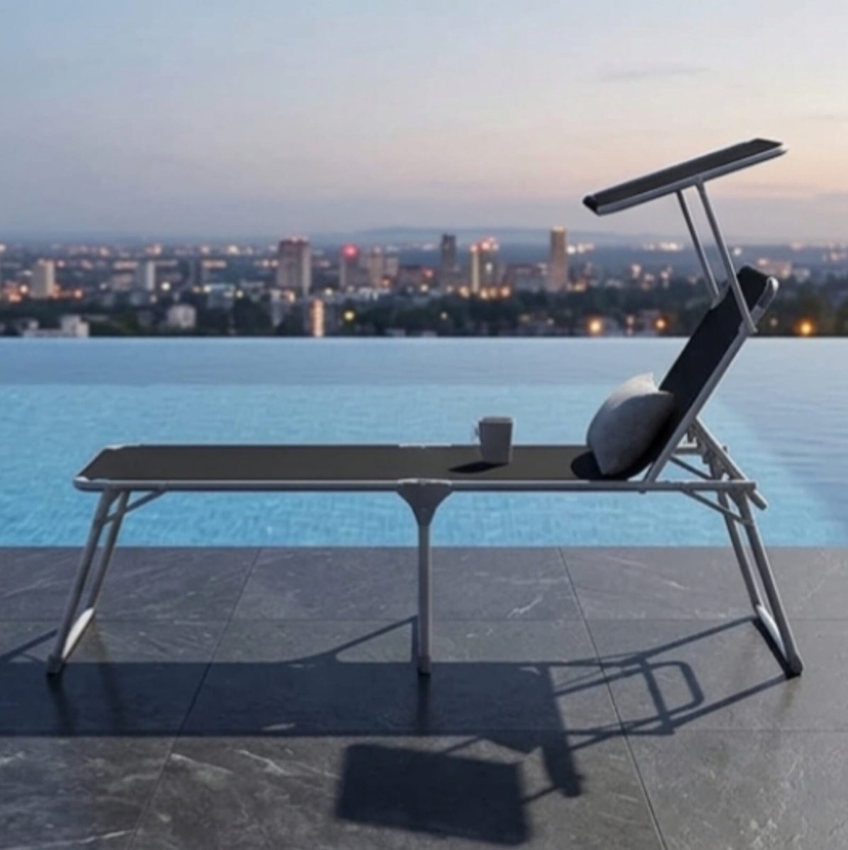Zonneligstoel 65x200x48 cm inklapbaar met Zonnedak en Verstelbare Rugleuning – Extra Groot Ligbed van Aluminium tot 150 kg voor Tuin, Balkon en Strand – Grijs – Urbanhome