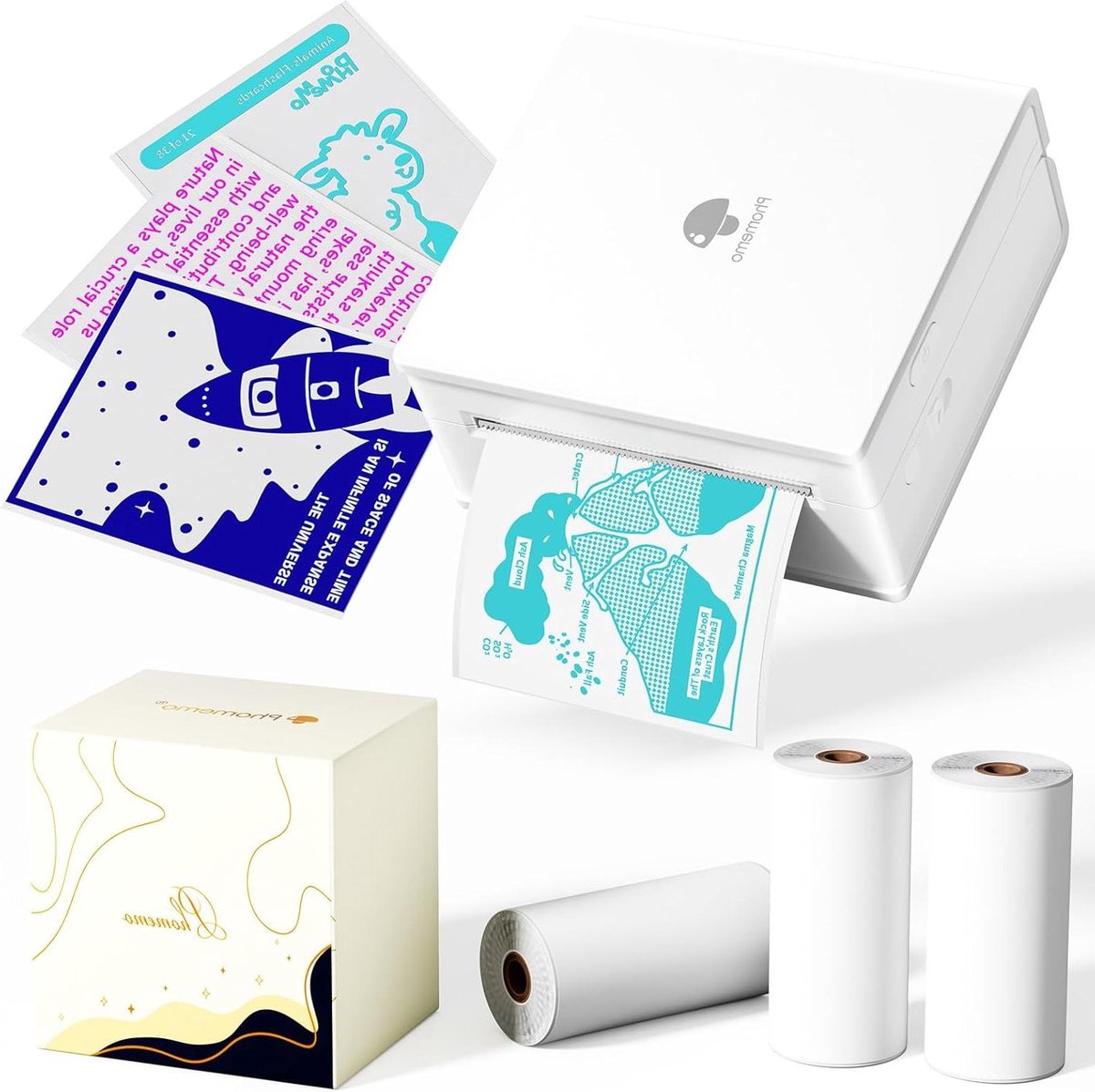 Phomemo M02 Draagbare mini-printer, mini-thermische printer met 3 papierrollen, zelfklevend, voor studio, notities, foto's, dagboeken, doe-het-zelf, compatibel met smartphones en tablets, Wit