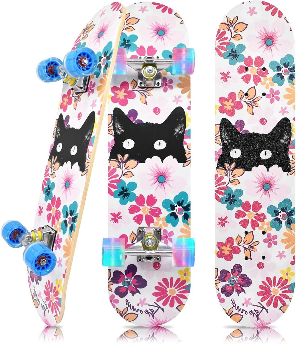 Compleet Skateboard Beginners Board Straat Gebruik Kleurrijke Knipperwielen 31×7.8 Inch Bloem Kat