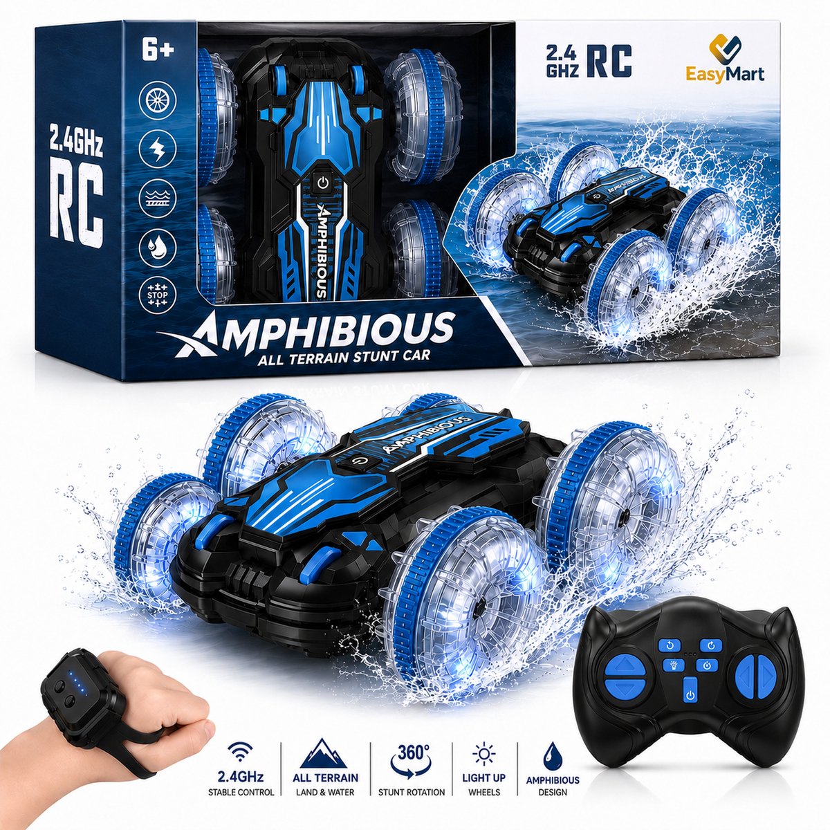 EasyMart Amfibische RC Stunt Auto Blauw – 2.4GHz – 360° Drifts & Flips – Rijdt op Water en Land – Met LED Wielen, Oplaadbare Accu, Afstandsbediening & Gesture Control Horloge – Offroad RC Speelgoed Auto 6+
