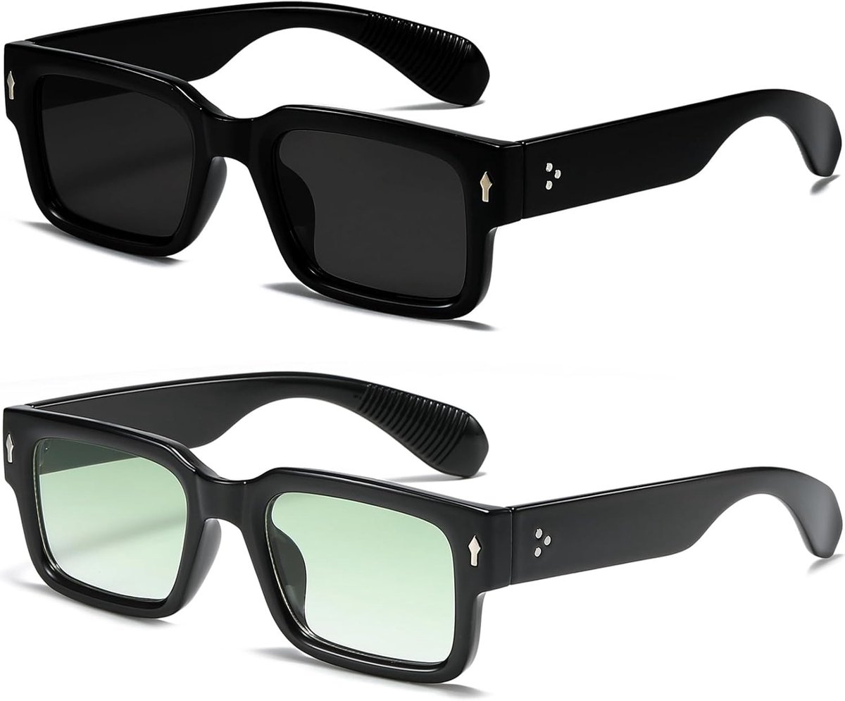 Set van twee vierkante zonnebrillen – Stijlvolle en duurzame rechthoekige zonnebrillen – Unisex – UV400-bescherming – Zwart montuur met grijze glazen – Zwart montuur met groene glazen