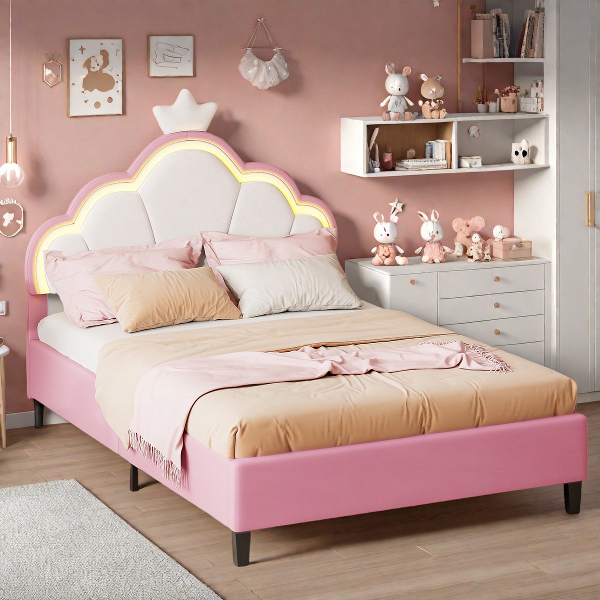 ROSAHQNDA Kinderbed Gestoffeerd bed 90x200cm - LED prinsessenbed met verstelbaar hoofdeinde - tienerbed - fluweel - roze - zonder matras
