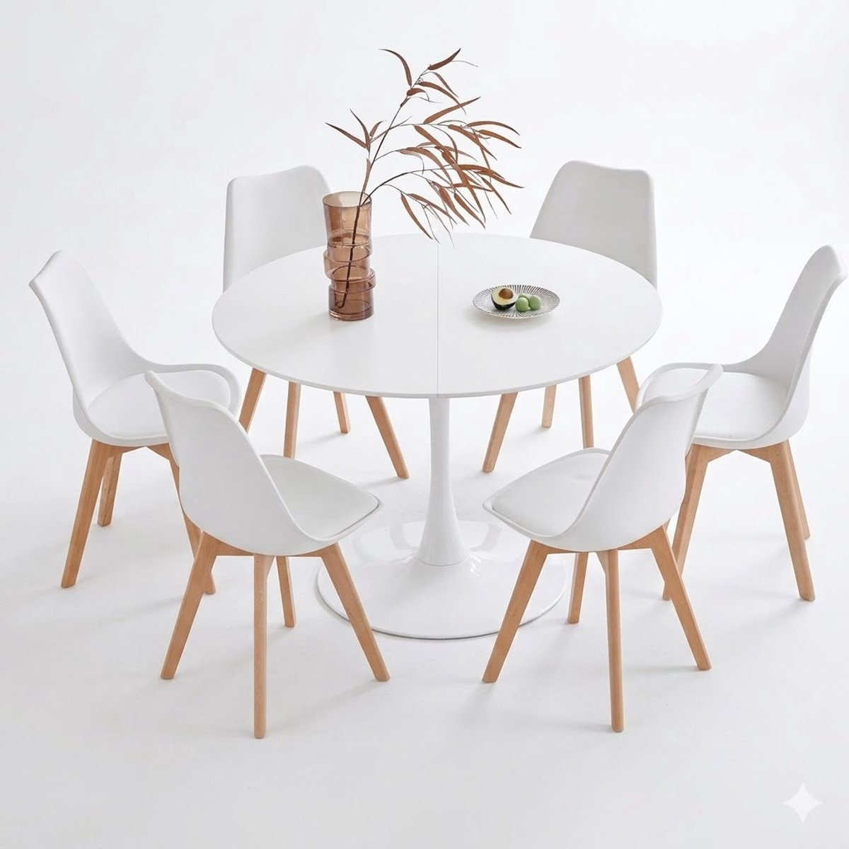Solvix Eettafel – Eetkamerstoelen Set van 6 – Eetkamerstoelen – Tafel – Ronde Eettafel met 6 Stoelen – Modern Design – Voor Eetkamer en Keuken – Wit/Zwart