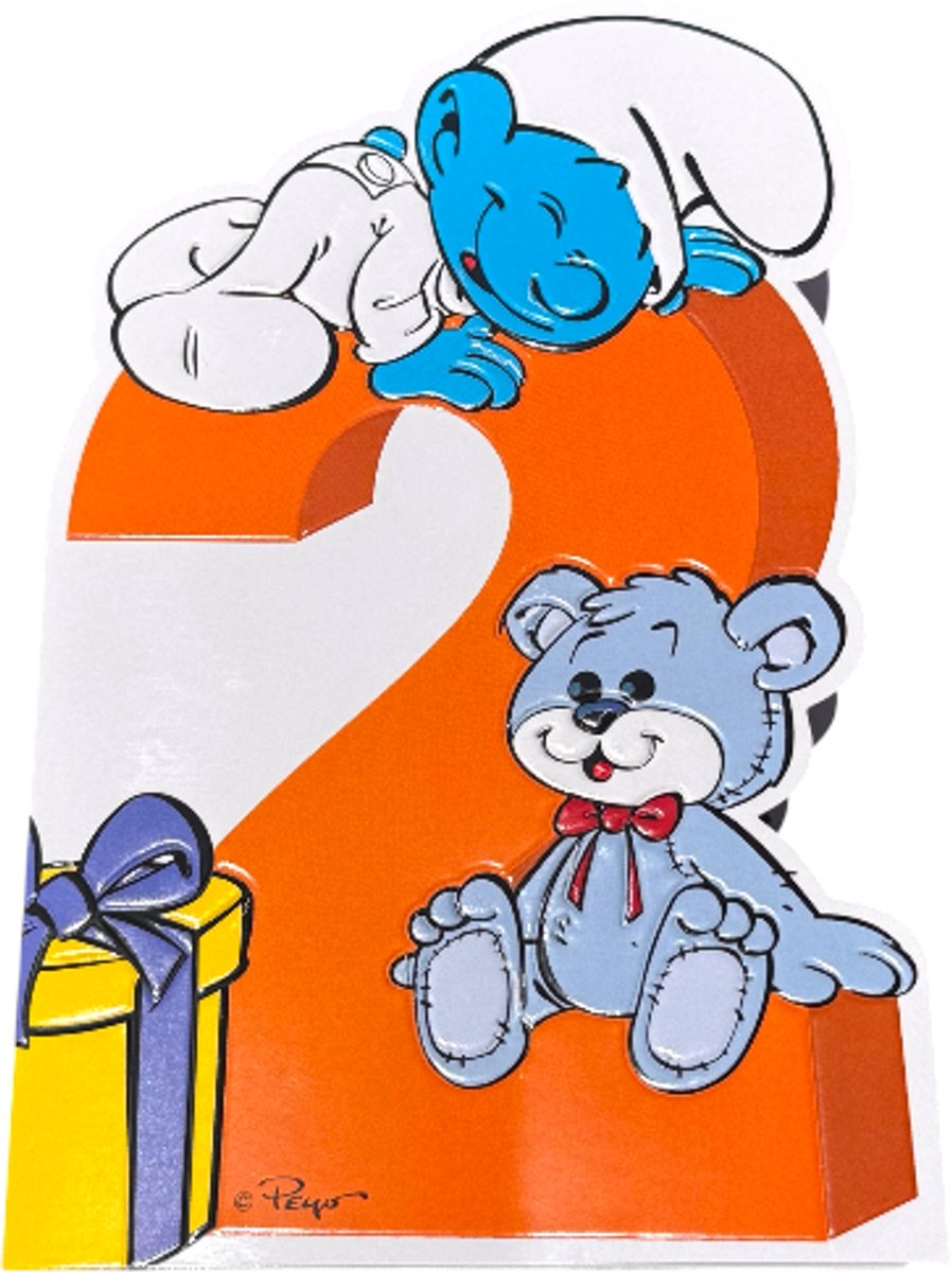 Babysmurf met een Teddybeer – De Smurfen Reliëf Verjaardagskaart – 2 Jaar – Cromo – 11,5 x 17 cm