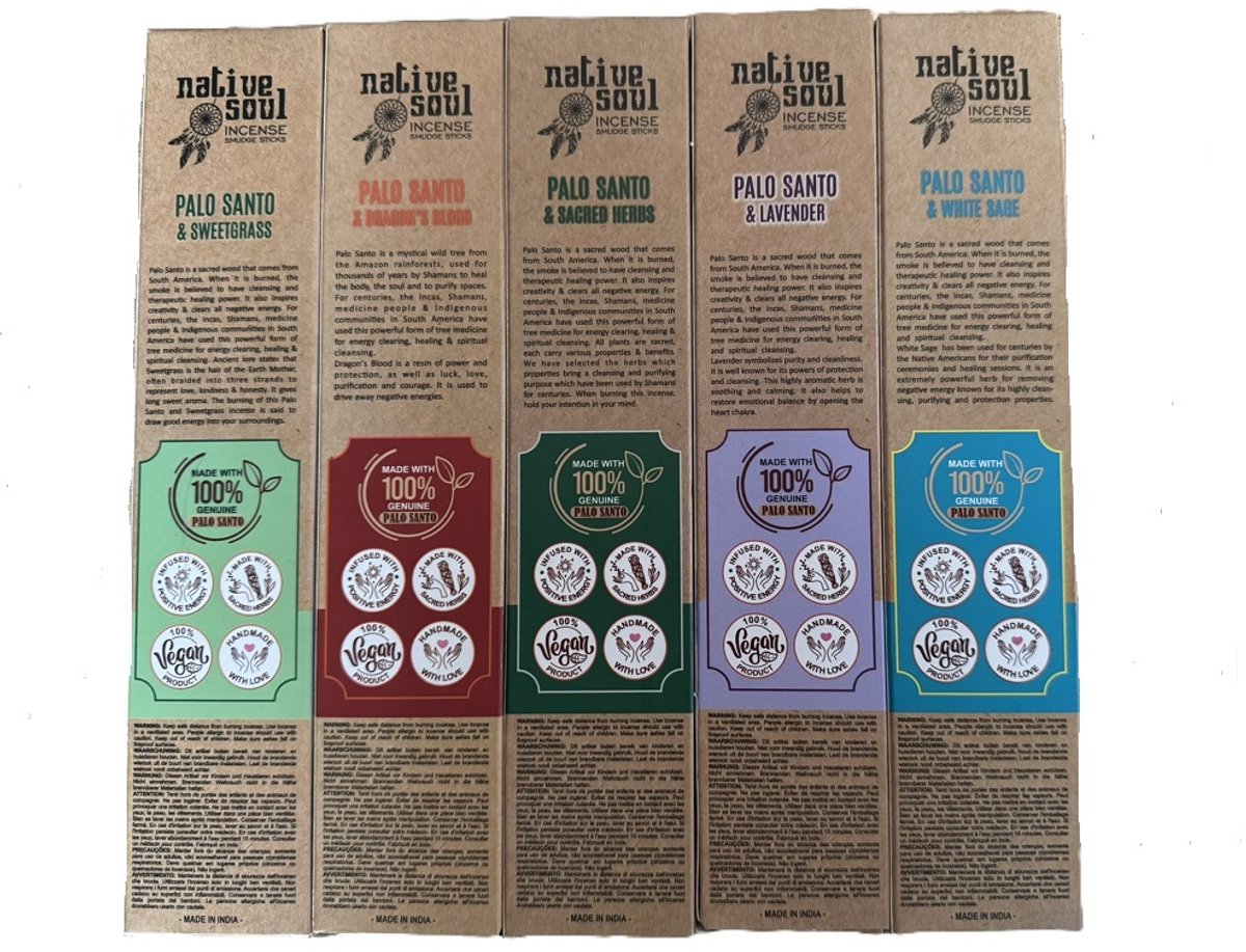 native soul - palo santo - white sage - lavendel - sacred herbs - sweet grass - dragonsblood - smudge - wierook - set van 5 — cadeau in Cadeau-ideeën - foto 2