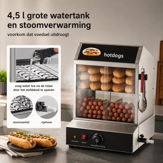 Sello! hotdog verwarmer – oven – stoomverwarming – 2 lagen – uitneembare opvangbak – aftapkraam – temperatuur tussen 30° / 85°C Serveer altijd perfect warme hotdogs en broodjes met de — afbeelding 4