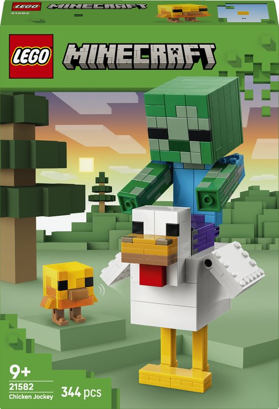 LEGO Minecraft Kipberijder: groene zombie op witte kip met geel kuiken. 9+ 344 stuks.