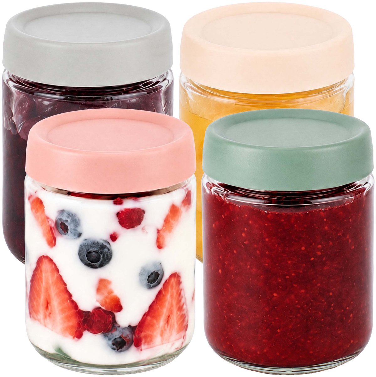 Inmaakglazen - glas - 450 ml - 4 stuks - transparant en gekleurd