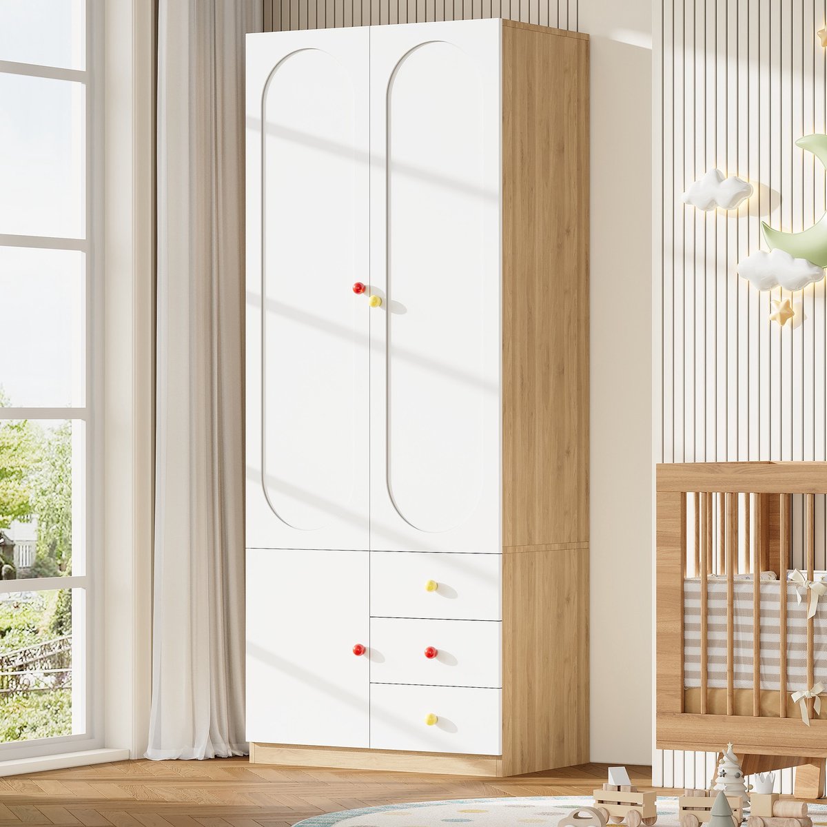 PHOEBE CAT Kinderkast - 3 lades - Keramische handgrepen - Houtlook - 80 × 45 × 200 cm - Wit + Naturel
