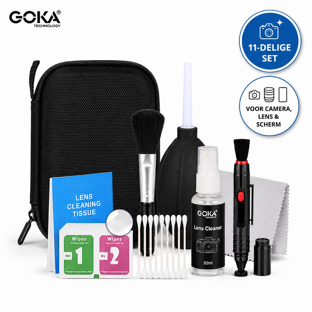 GOKA Camera Lens Reinigingsset – 11 Delige Lens Cleaner Kit voor Camera, Lens, Smartphone & Laptop – Inclusief Lenspen, Microvezeldoek, Luchtblazer en Opbergcase