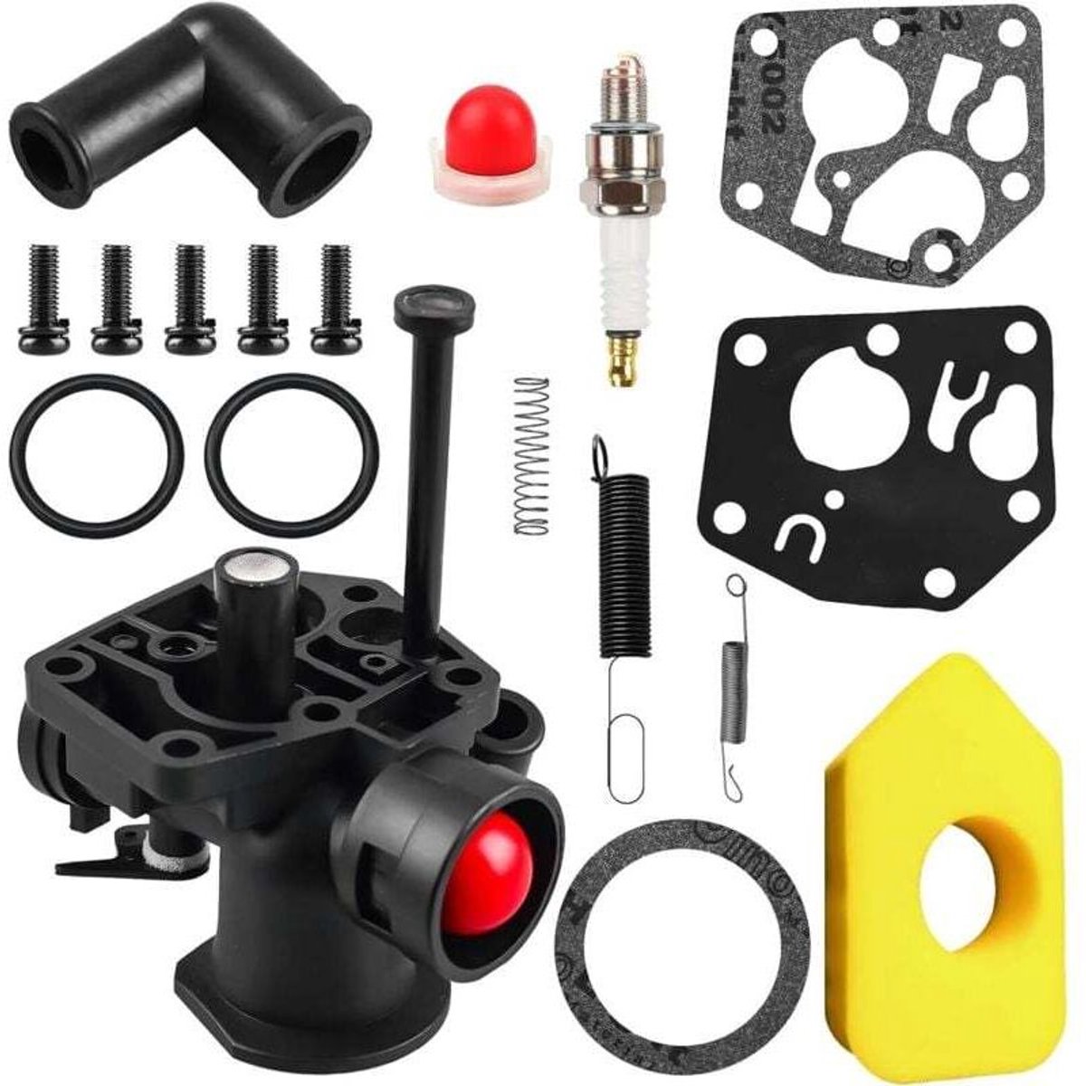 Tweedelige carburateursets geschikt voor Briggs & Stratton grasmaaiers, inclusief de modellen 499809, 498809A en 494406, evenals luchtfilter 698369, regelaarveren 691859 en 692211, en membraan 795083 en 495770.