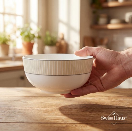 Swiss Haus® DS24CR Luxe Serviesset - 24 Delig - 6 Persoons - Porselein - Bordenset - Dinner Platen - Dessertborden - Kommen - Pastabord - Wit / Creme — afbeelding 5