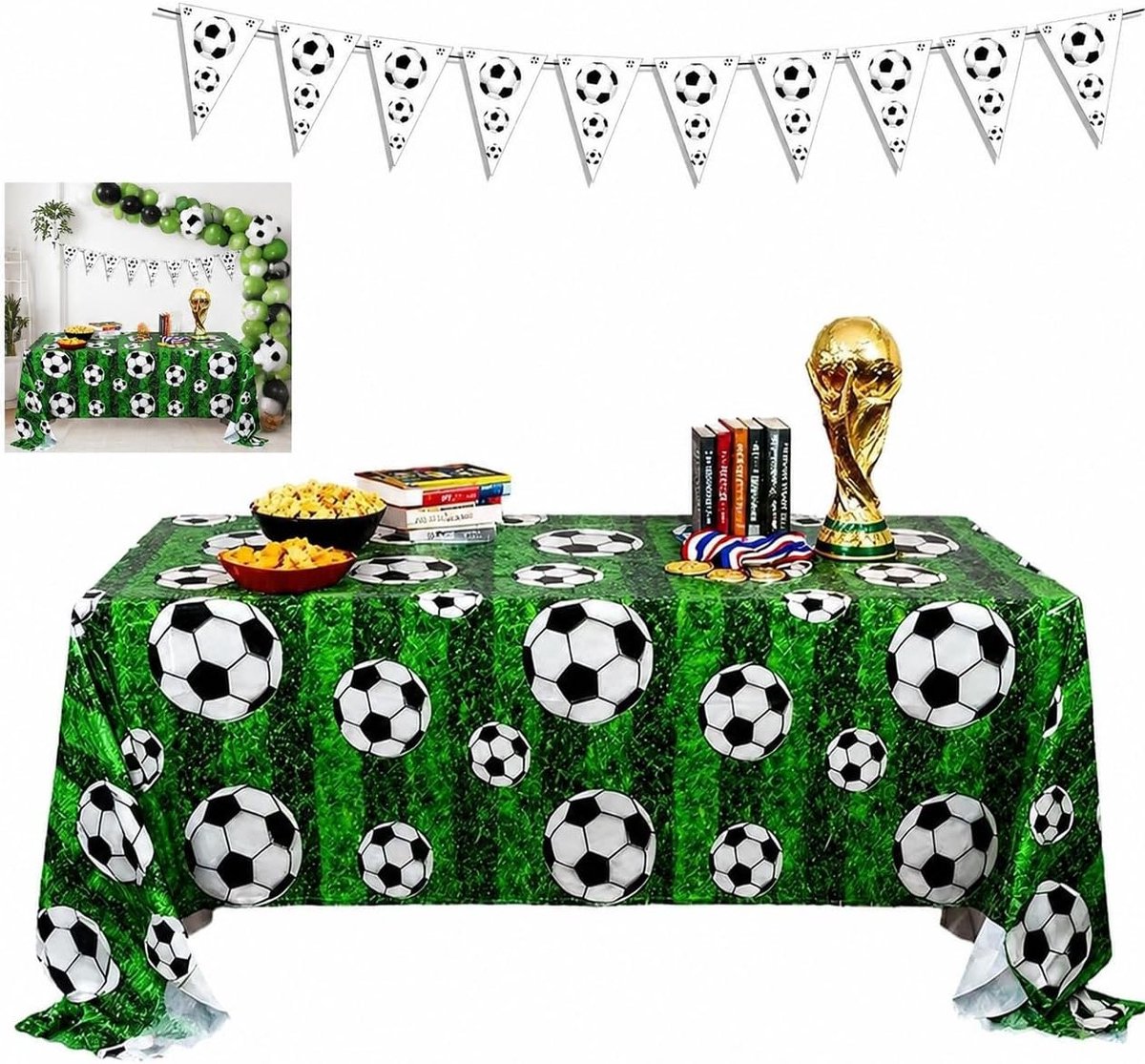 Set van 2 Rectangle Tafelkleed en Vlaggen voor Voetbal Feestdecoraties, Perfect voor Toernooien en Verjaardagen
