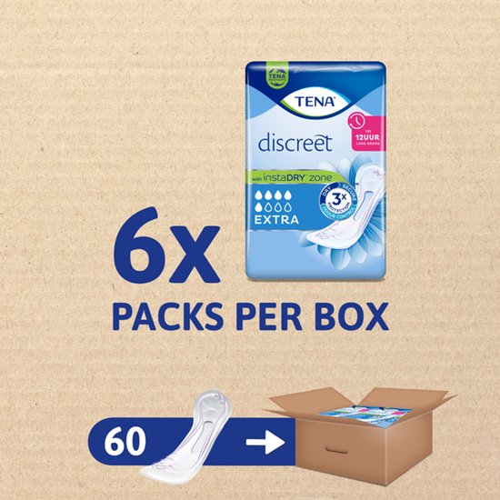 Doos met 6 pakken TENA Discreet Extra verbanden, totaal 60 stuks.
