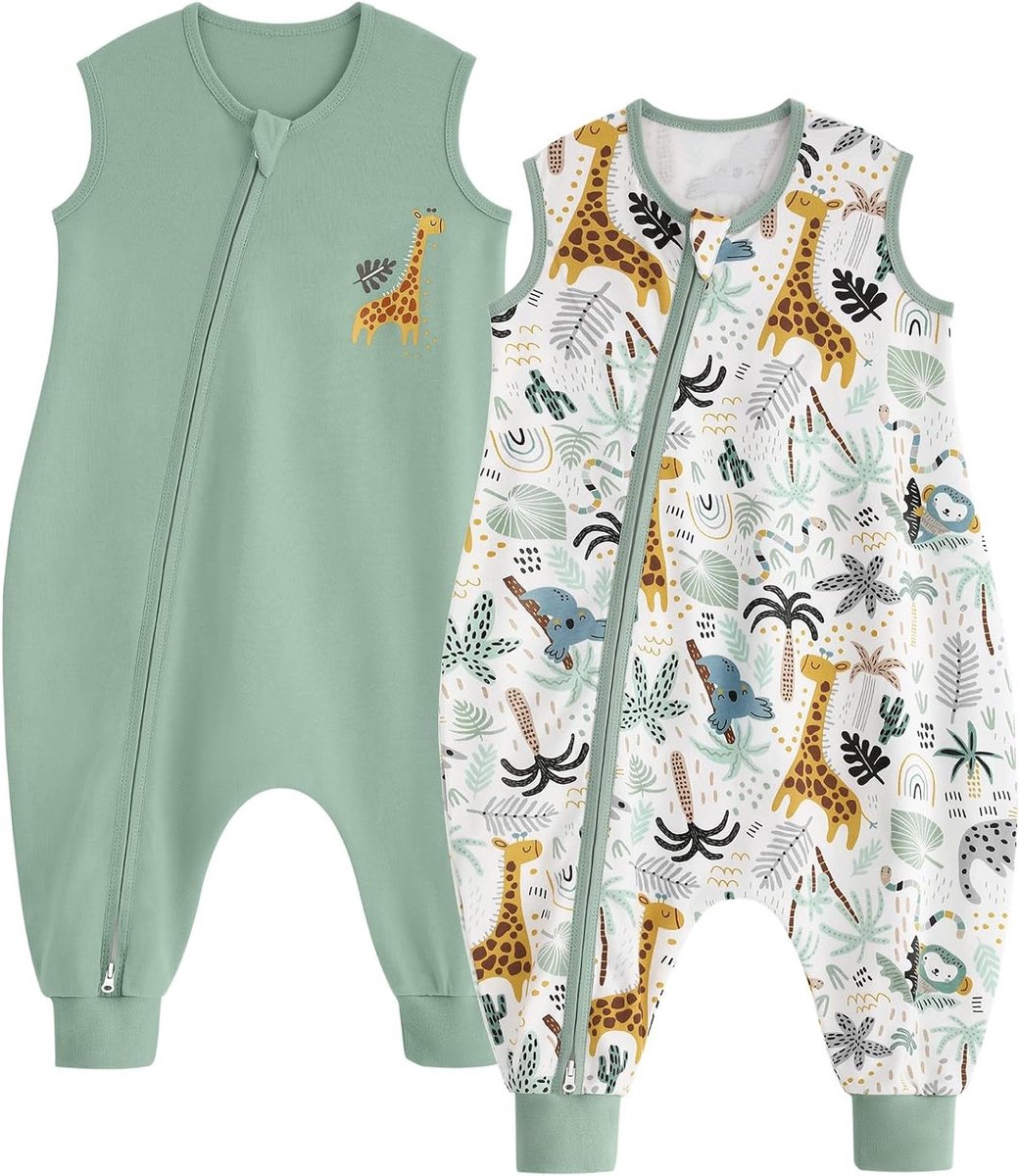 Set van 2 Zomerse Baby Slaapzakken met Voeten, 100% Katoen, Ideaal voor Warm Weer, 0.5 Tog, Comfortabel en Ademend