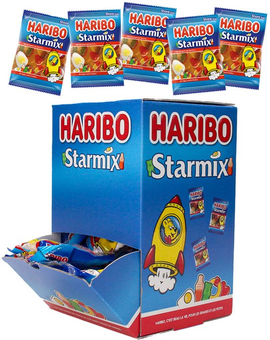 Doos HARIBO Starmix met vijf losse zakjes snoep erboven. De doos bevat individuele zakjes.