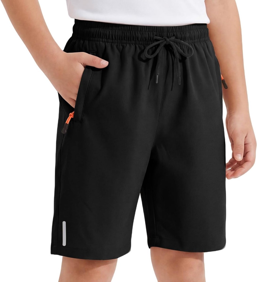 Korte Jongens Shorts voor Kinderen met Sneldrogende Reflecterende Strepen en Ritszakken, Ademend en Lichtgewicht Sportshorts voor Voetbal en Vrijetijdsbesteding voor 6-13 Jaar