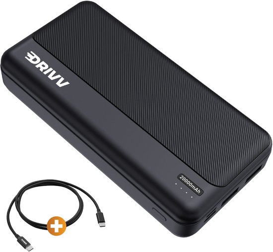 Drivv. Powerbank 20.000 mAh - Inclusief 100w Oplaadkabel - 22.5W snellader - Quick Charge USB 3.0 - USB C - Geschikt voor iPhone, Samsung en meer