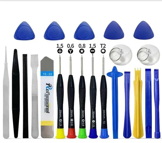 Telefoon reparatieset met blauwe opening picks, zwarte en grijze tools, schroevendraaiers met gekleurde doppen en zuignappen.