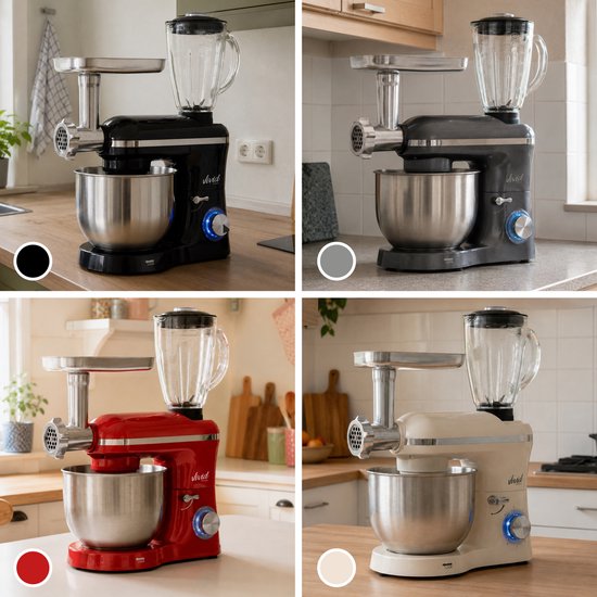 Zwart, antraciet, rood en crème keukenmachine met blender en vleesmolen.
