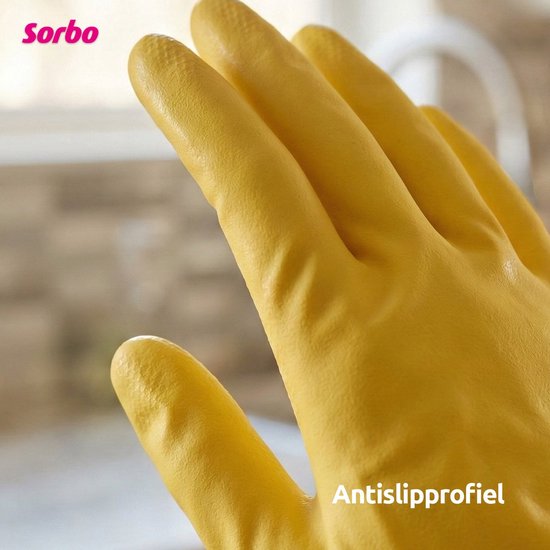 Gele Sorbo huishoudhandschoen, close-up van de vingers met antislipprofiel.