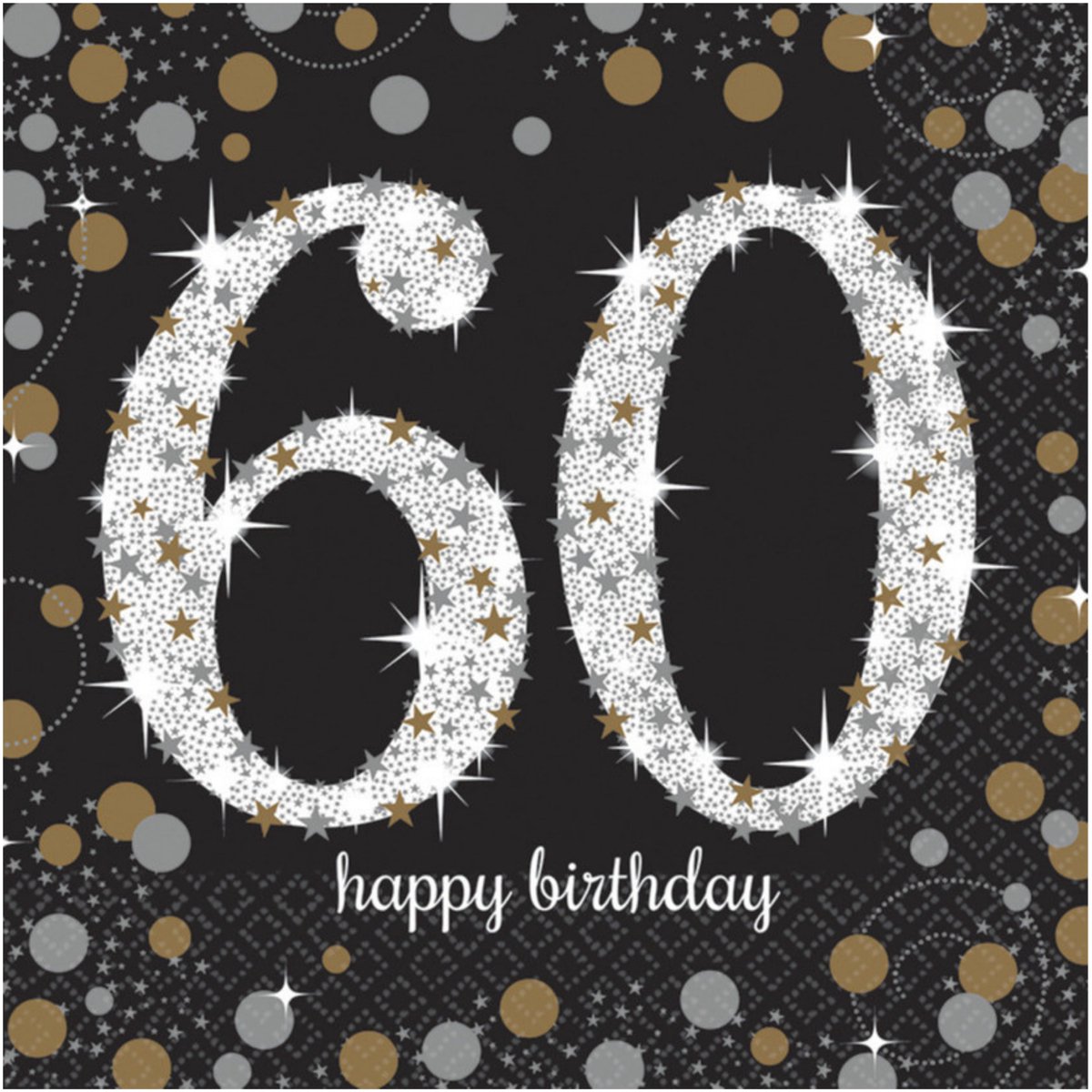 Amscan Servetten 60 jaar - 16x stuks - zwart - 33 x 33 cm - confetti - luxe - verjaardag