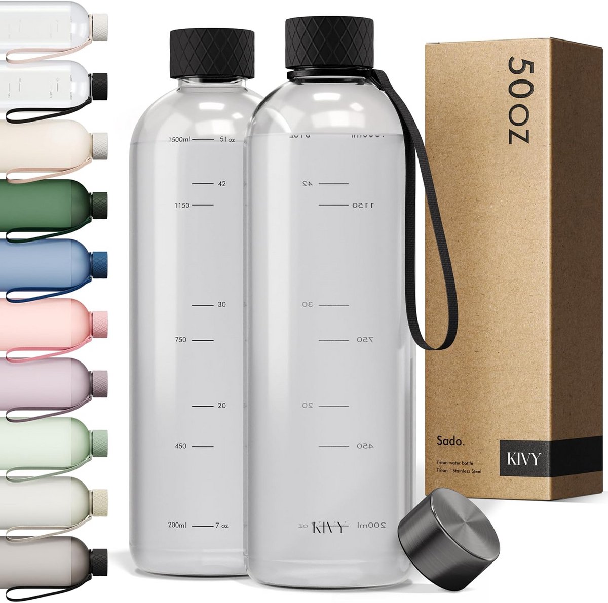 Waterfles 1,5 liter – Licht, breekvast en slank – Past in rugzak en bekerhouder – Geschikt voor sport, werk en reizen – Transparant – Zonder rietje – Kunststof