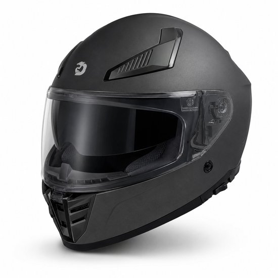 Mat zwarte integraalhelm met getint vizier en gedetailleerde kinbescherming.