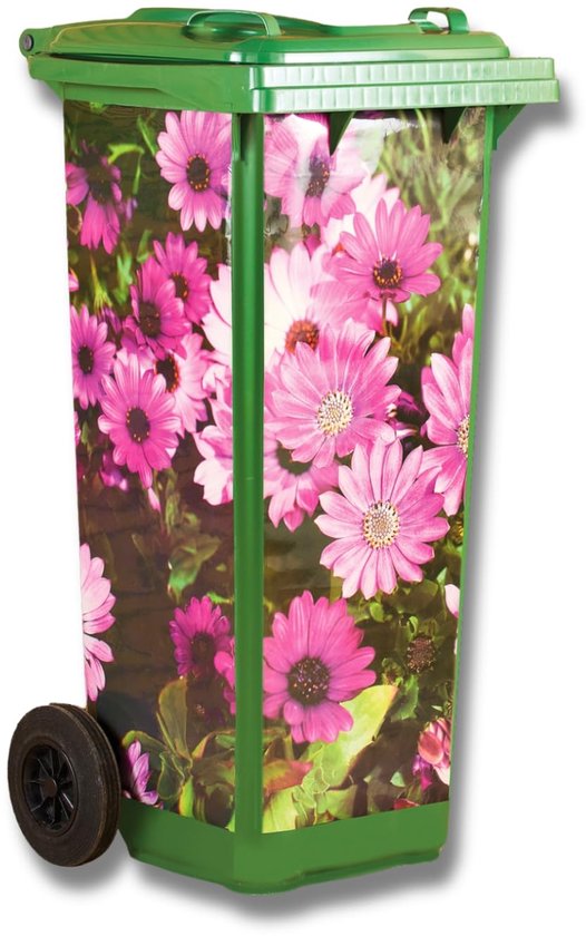 Groene afvalbak met roze bloemenprint, staand op wielen.