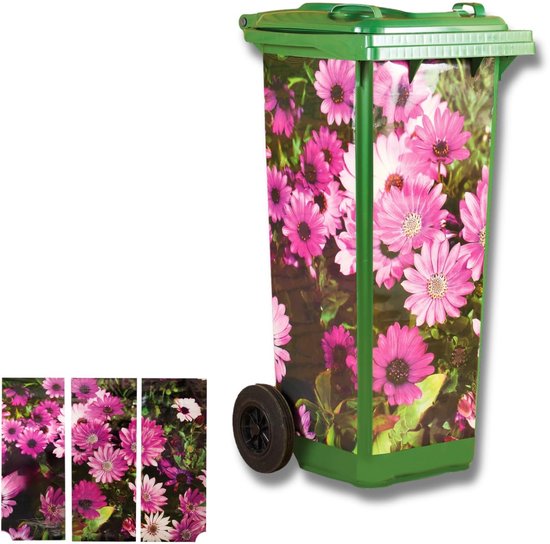 Groene afvalbak met roze bloemenprint en drie panelen met bloemen.