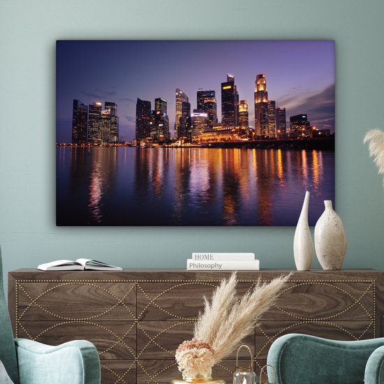 Canvas schilderij 150x100 cm - Wanddecoratie Singapore - Skyline - Water - Muurdecoratie woonkamer - Slaapkamer decoratie - Kamer accessoires - Schilderijen op canvas