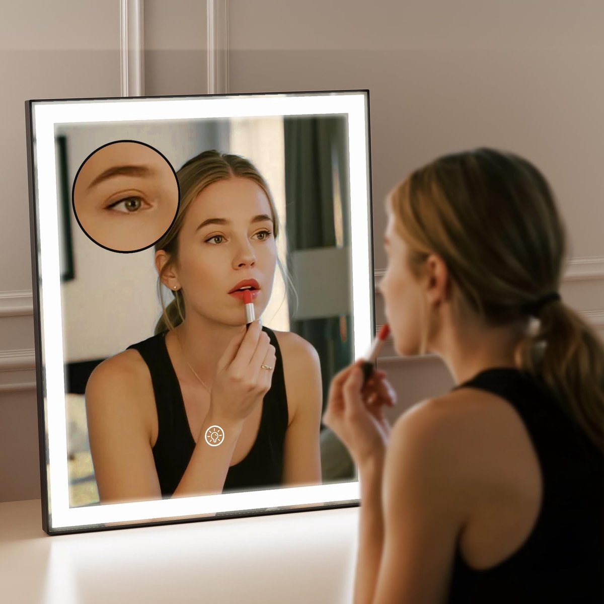 ANTENLICHT Make Up Spiegel 30x25CM - Dimbaar - Draaibaar - USB-C Oplaadpoort - 10x Vergroting - 3 lichtstanden - Dimbaar - Smart Touch - Spiegel met verlichting - Make Up Spiegel - Visagie spiegel - Zwart