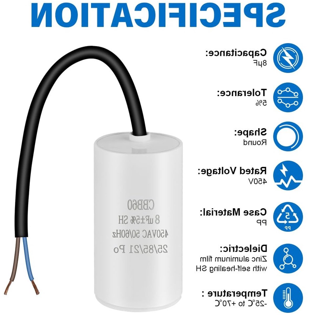 8μF Motor Capacitor 450V AC voor Aircompressor en Reinigingsmachines, 50/60Hz met Kabel
