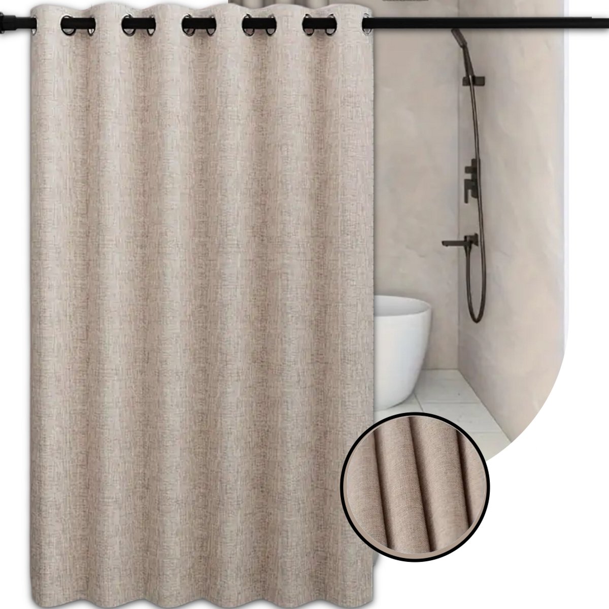 Scandinavisch Douchegordijn 180x200 cm | Stoffen Linnen Look | Anti-Plak & Anti-Schimmel | Met Metalen Ringen | Beige Douche Gordijn | Zonder haakjes | Textiel Nordic Look