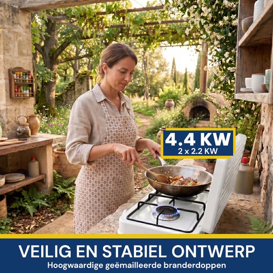 Royal Swiss® 2-Pits Gaskooktoestel Wit - 4.4KW Krachtige LPG Gasfornuis - Met Elektrische Ontsteking en Deksel - Draagbaar Camping Kooktoestel van Royal Swiss — afbeelding 2