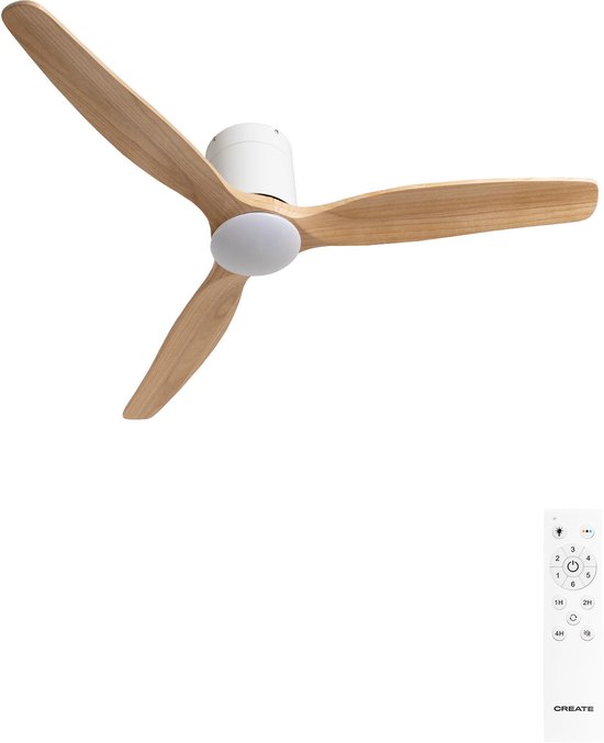 Plafondventilator hout 40W stil 6 snelheden LED 3 kleuren zomer-/winterfunctie 132 cm wit/licht hout