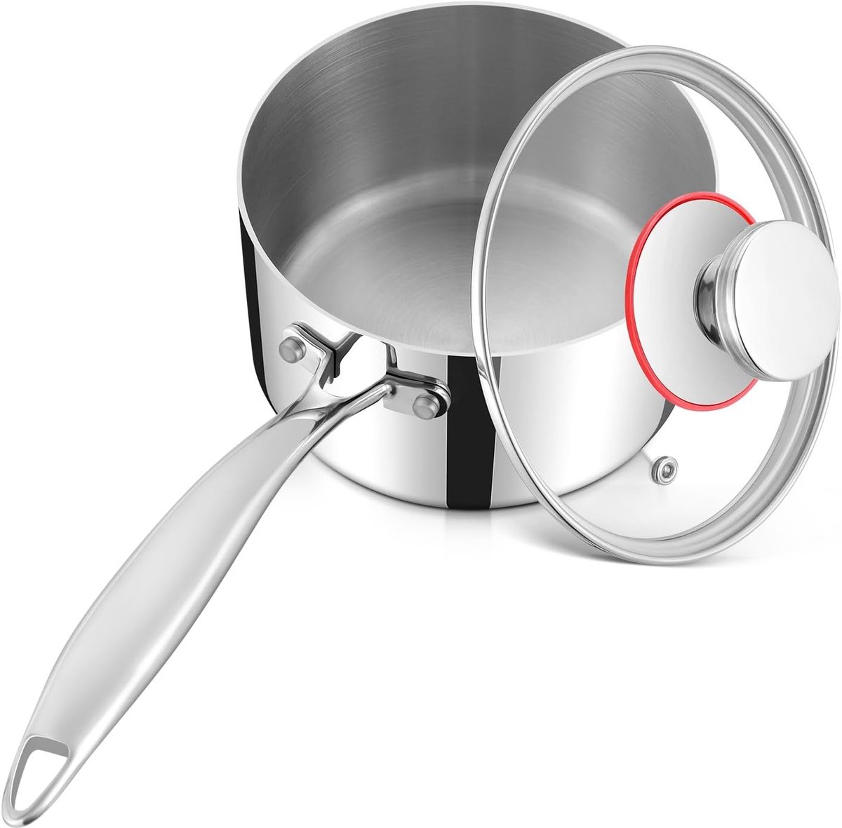 14 cm Kookpan van RVS met 3-lagen, 1.4L Melkpan met Glazen Deksel, Geschikt voor Inductie en Vaatwasser, Ideaal voor Gezond Koken
