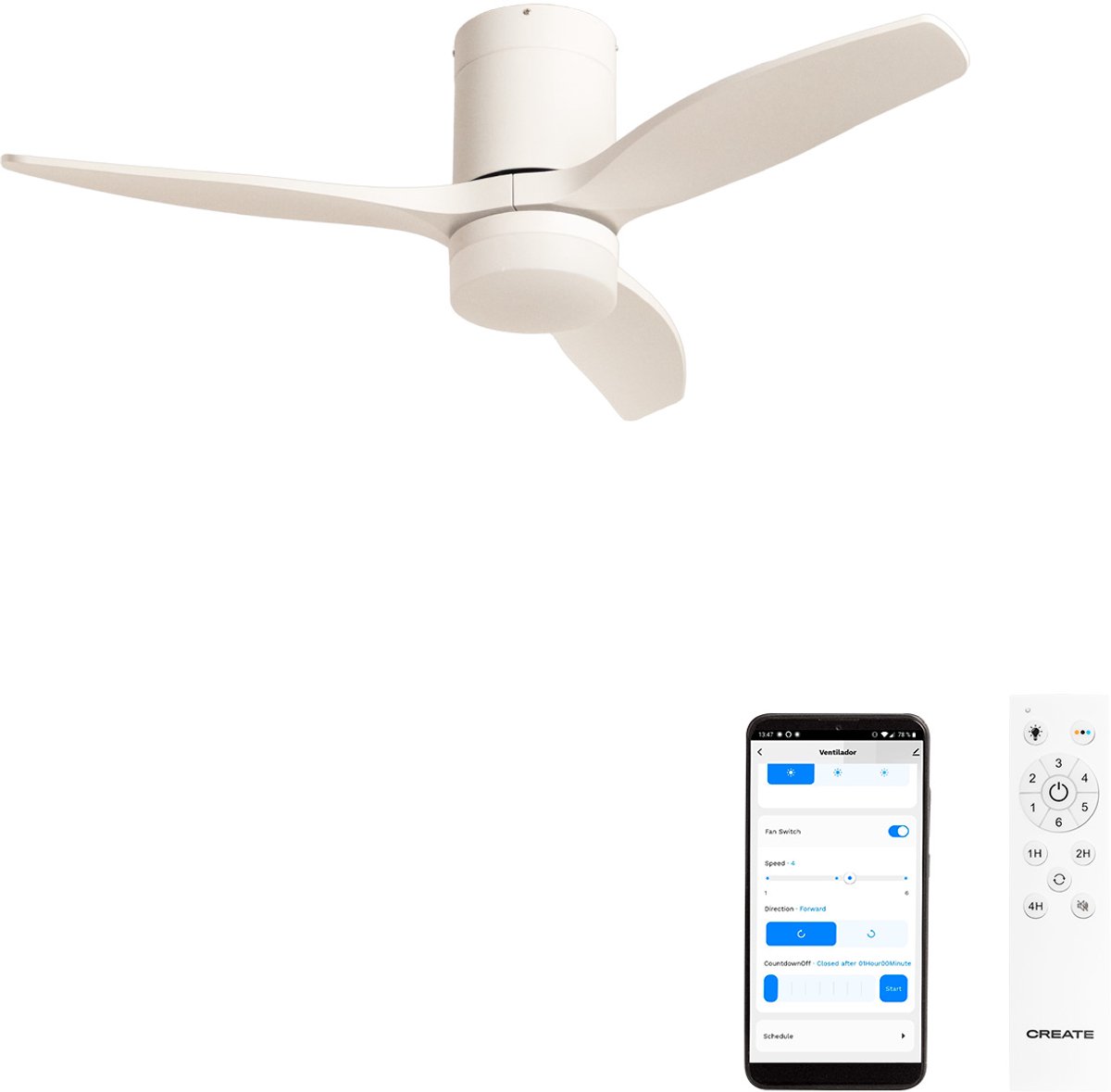 CREATE - Stille 40W plafondventilator met technische ABS bladen (Ø112cm) (ruimtes ≤10m²) - Wit - Met licht - WIFI + Afstandsbediening - WIND CALM