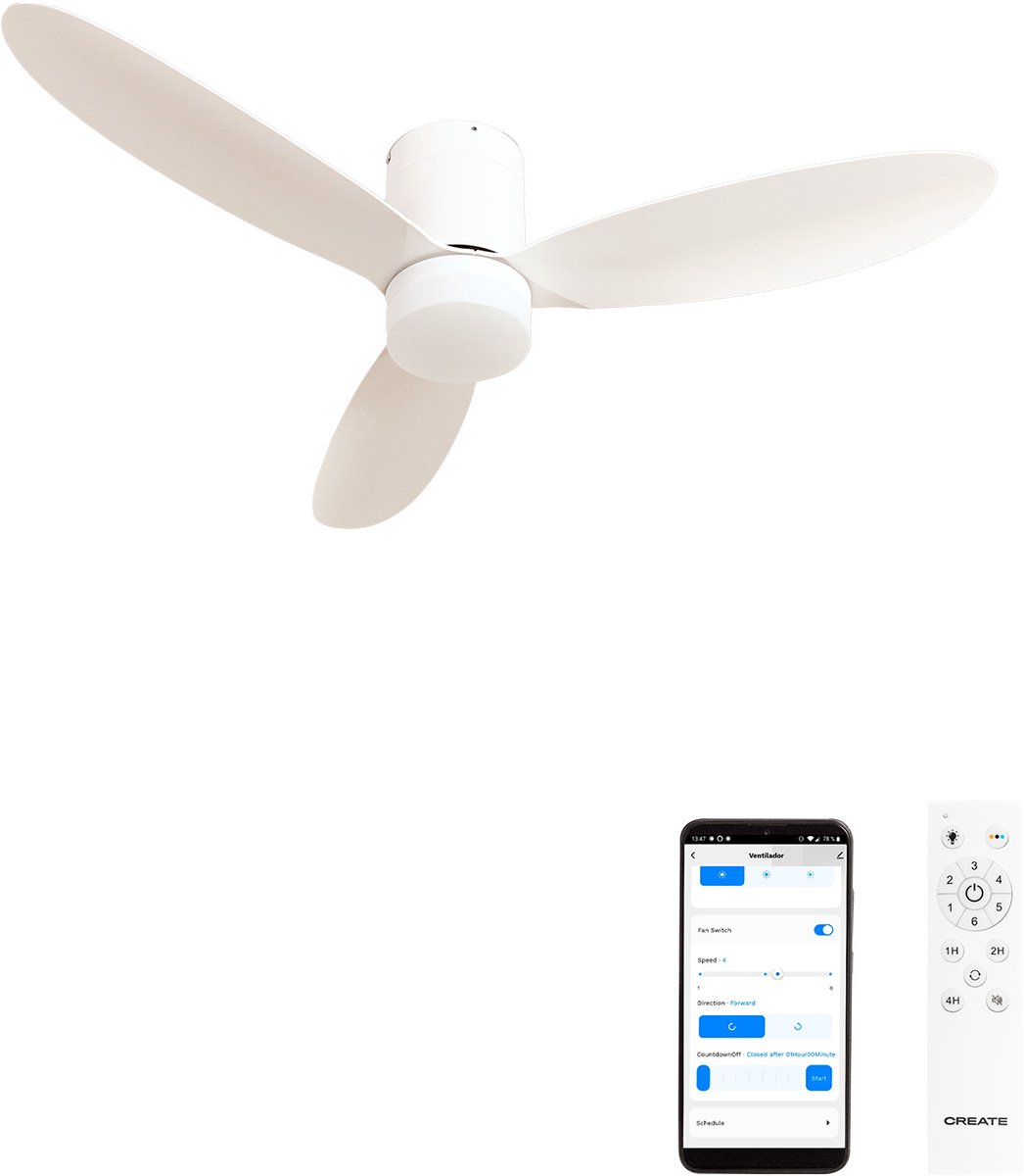 CREATE - 40W stille plafondventilator Ø132 cm - Wit - Met licht - WIFI + Afstandsbediening - WIND LITE