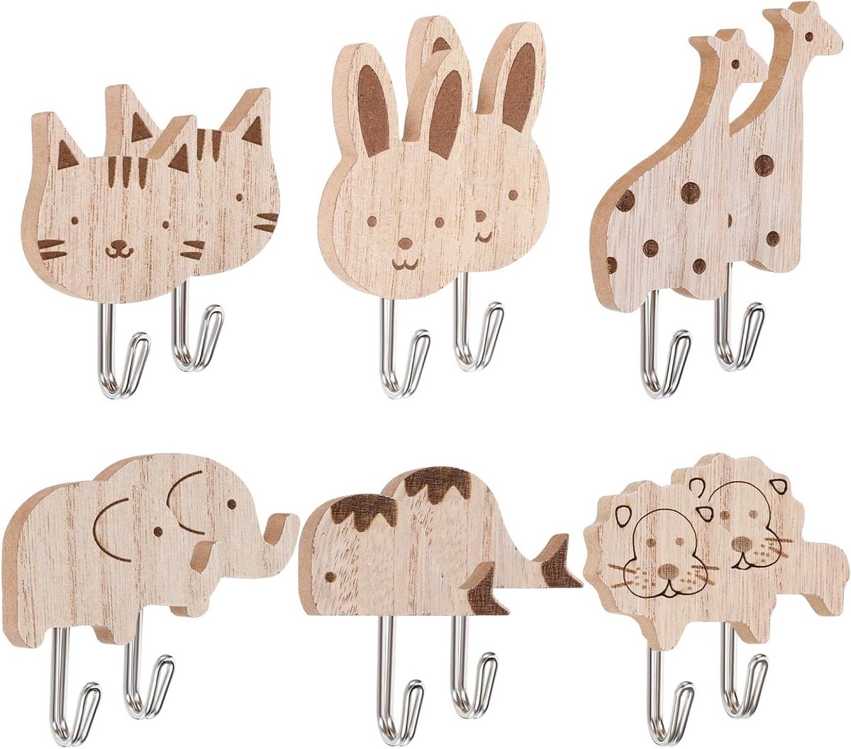 Schattige Dieren Kledinghaken - 12 Stuks Zelfklevende Houten Wandhaken voor Kinderen, Perfect voor Slaapkamer, Badkamer en Keuken