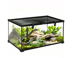 Glazen Terrarium voor Reptielen en Amfibieën met Schuifdeksel - Incl. Thermometer - Waterbakje - Zwart - 50x30x25 cm