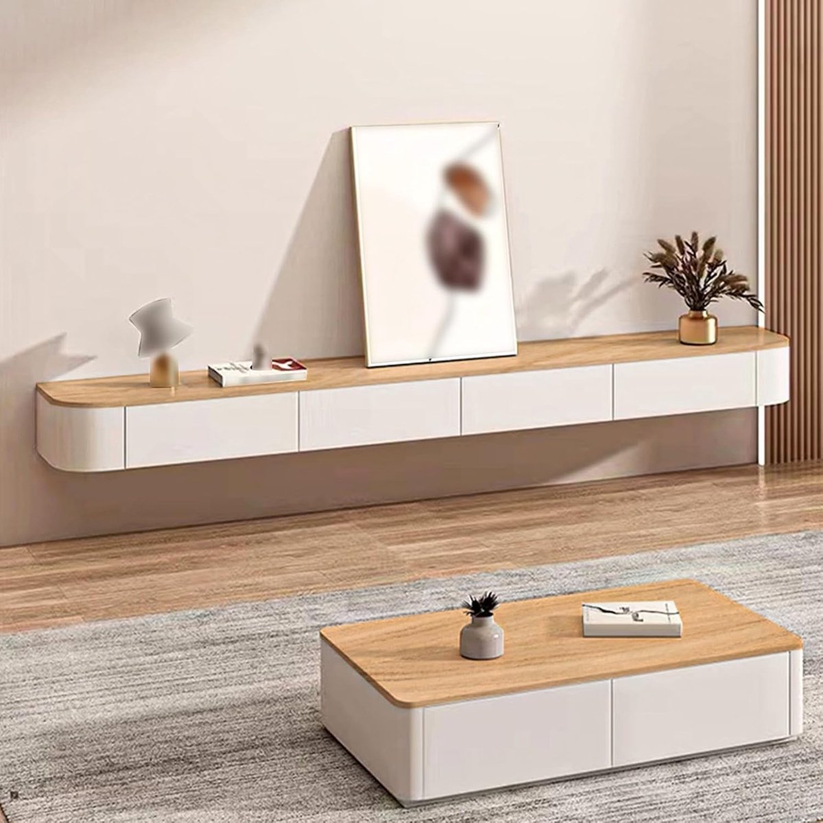 Zwevende Tv Meubel - Wandkast Media - Woonkamer Opbergen - Ruimtebesparend Ontwerp - 140cm Breed - Naturel