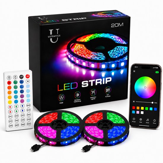 Ustratics Led Strip - 20 meter - 2x10m - Light - rgb LED Verlichting - Afstandsbediening - Bluetooth - licht - Dimbaar - Gaming - Ledstrip - Ledstrips